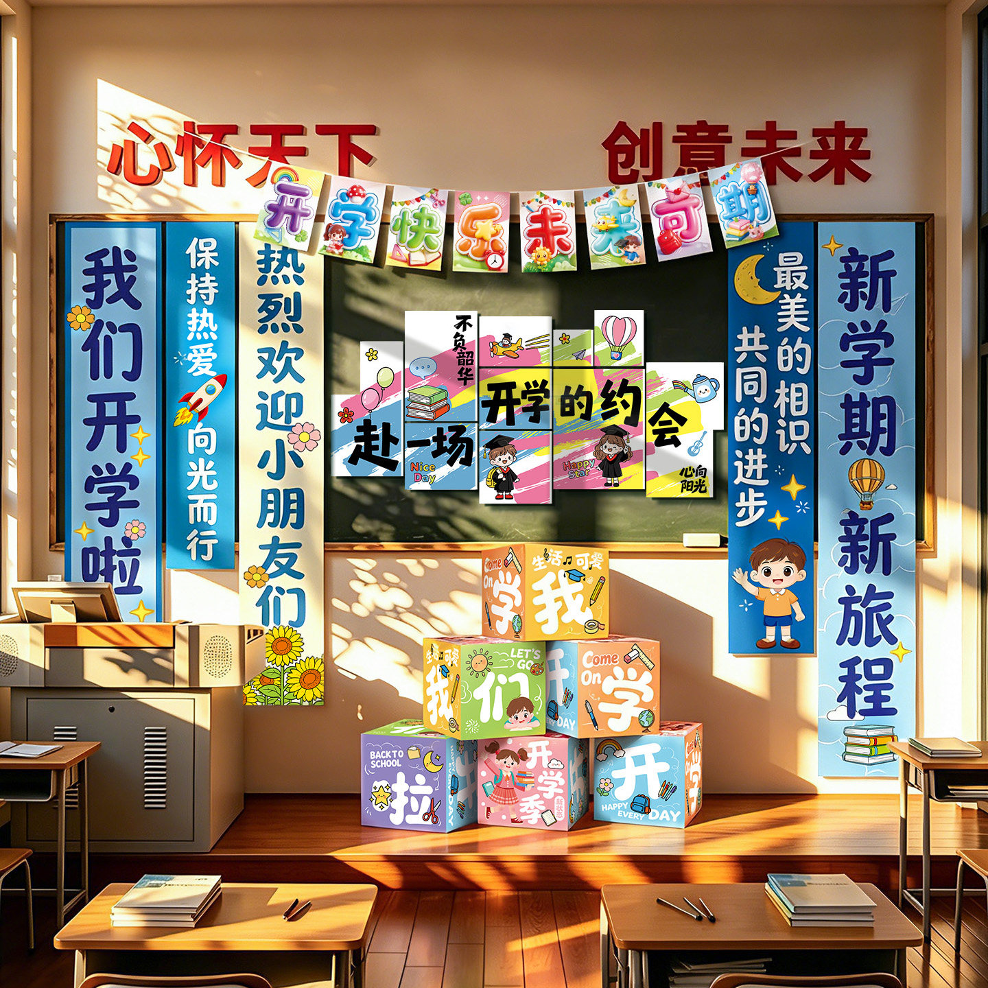 开学教室装饰彩条拉花吊饰幼儿园小学典礼仪式感黑板氛围场景布置