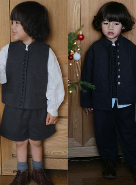 thetree树 日系经典款羊毛呢马甲短裤套装亲子款男女童百搭秋冬款