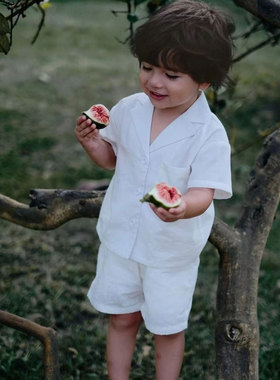 the tree树 日系亲子款套装纯棉短袖翻领衬衫+短裤两件套简洁宽松