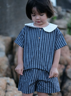 the tree 树 原创小众童装法式娃娃领复古棉麻条纹套装夏季男女童