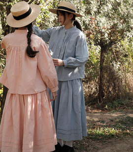 the tree 树 日系文艺长袖衬衫+半身裙套装亲子款亚麻褶皱裙子春