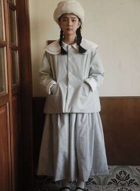 the tree树 日系条纹棉衣裙套装女亲子双层领森系夹棉外套+半身裙