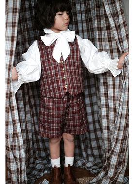 the tree 树 法式宫廷风复古格子套装儿童冬马甲短裤两件套男女童