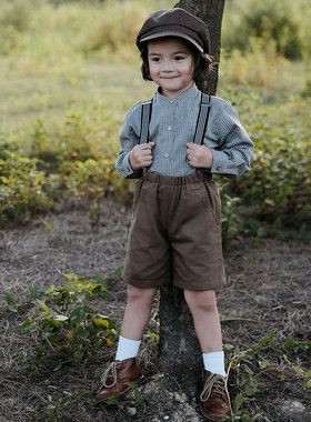 the tree 树 法式复古条纹衬衫儿童棉麻宽松立领长袖上衣+短裤秋