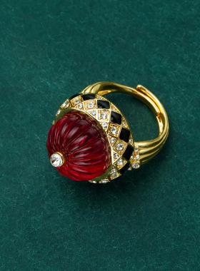 中古时尚气质戒指开口镶钻轻奢宴会手饰文艺复古新年红色饰品女