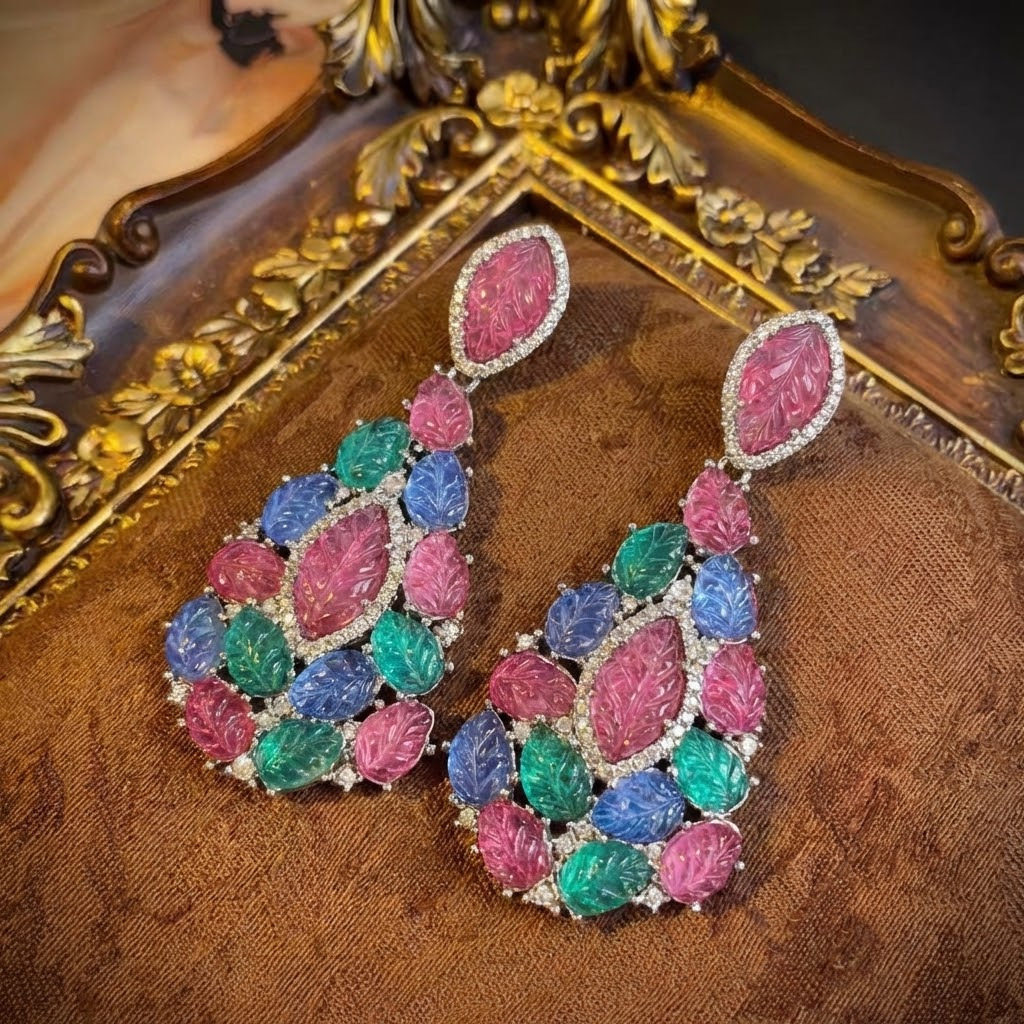 中古复古宫廷风彩宝雕刻树叶耳坠夸张个性轻奢精致气质扫肩耳饰女