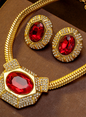 复古时尚轻奢中古项链vintage简约锁骨链女红宝石镶钻华丽耳钉