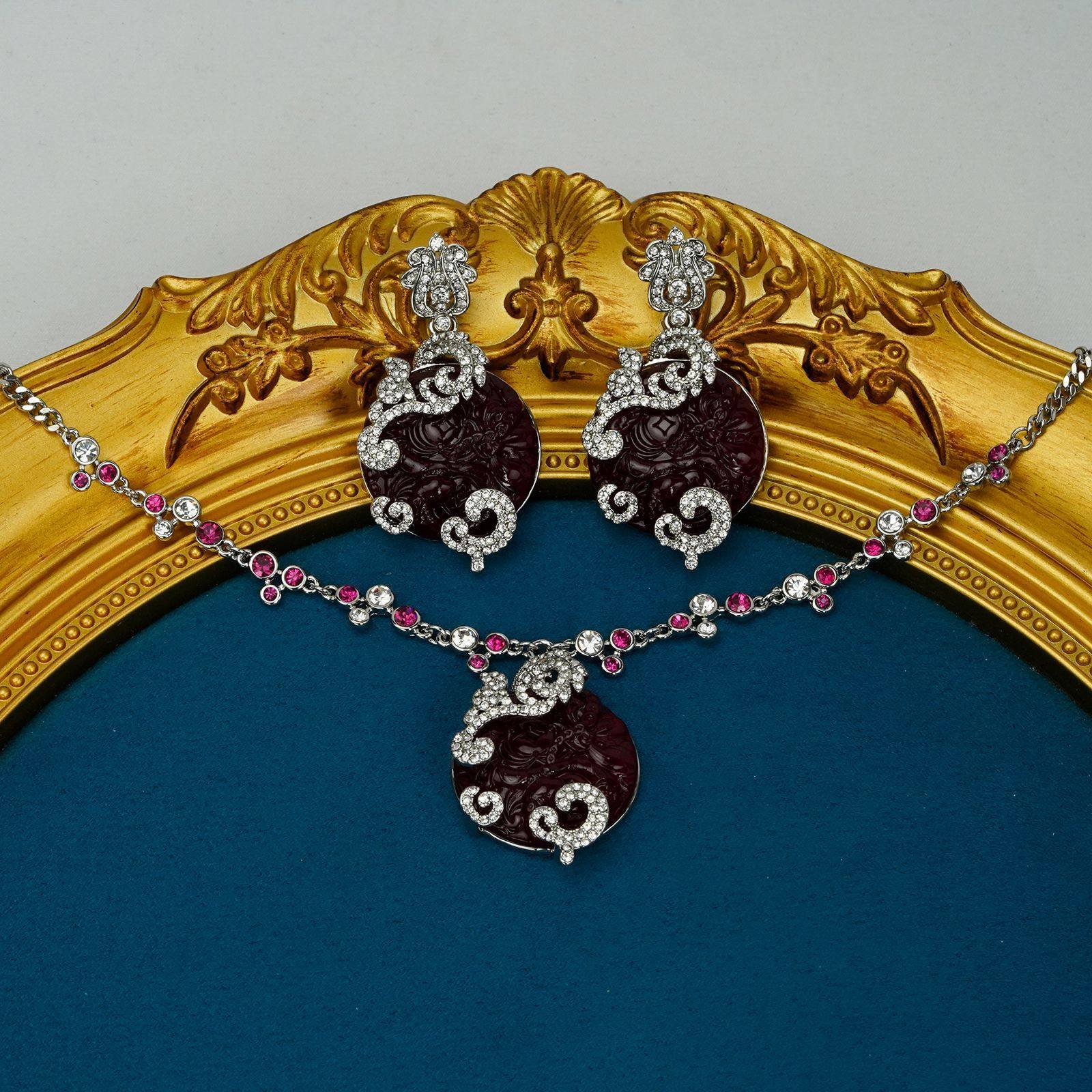 中古铜镀白金紫红色树脂耳钉项链套装时尚百搭气质复古个性饰品