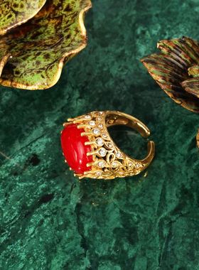 中古复古黄铜镶嵌巴洛克戒指女红色时尚百搭气质手饰镶钻轻奢饰品