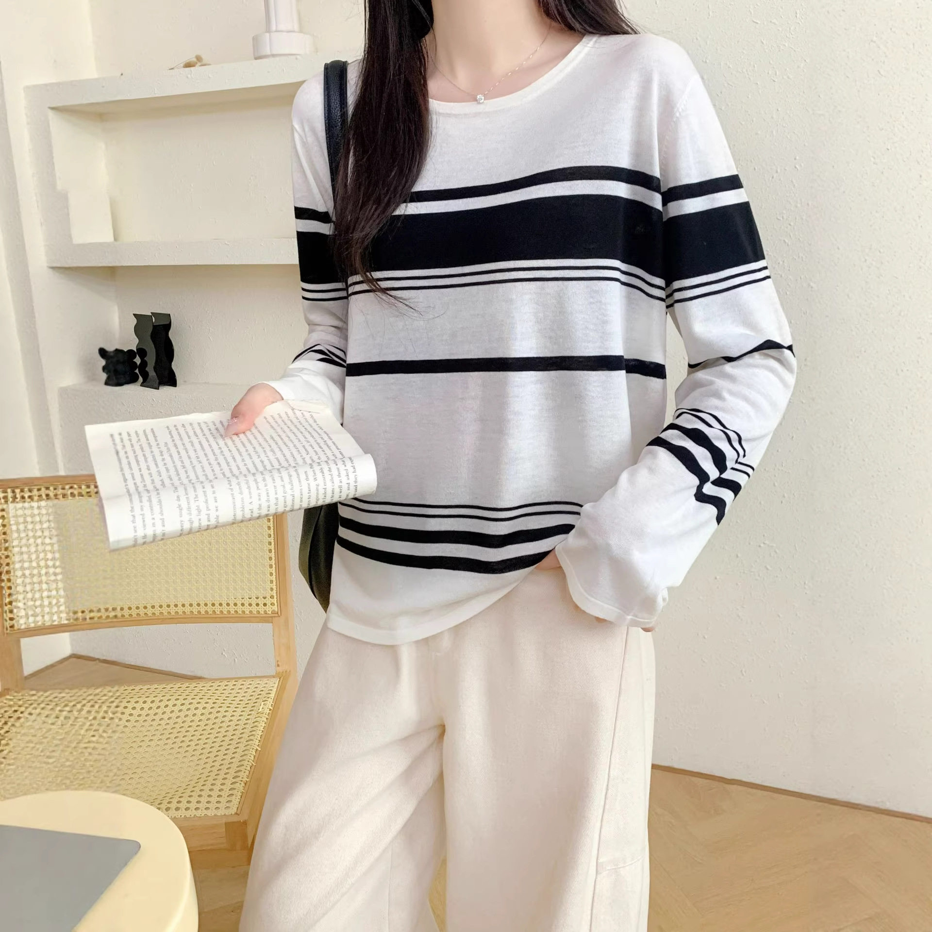亚麻天丝黑白条纹防晒长袖T恤女