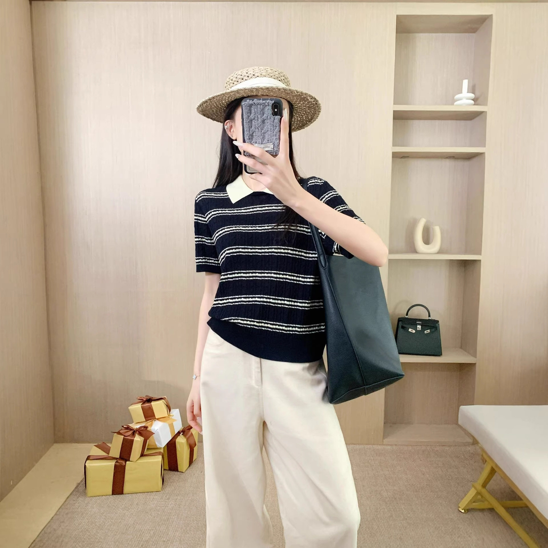 天丝亚麻翻领假两件条纹针织衫
