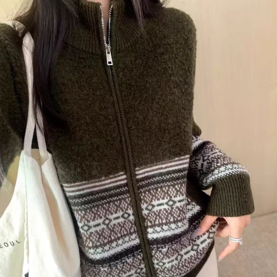 复古民族风100%羊毛外套加厚提花宽松立领女冬季针织开衫羊羔毛