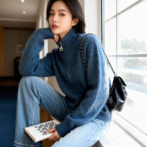 蓝眼泪显白羊绒拉绒毛衣立领女羊毛衫宽松慵懒风针织半拉链衫秋冬
