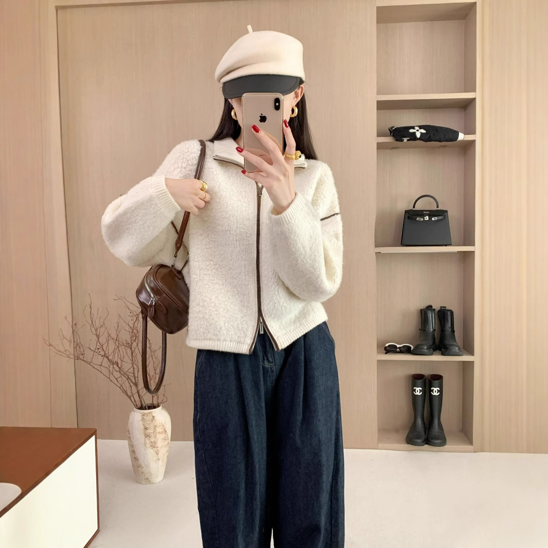 100%绵羊毛外套重磅加厚宽松立领女冬针织拉链开衫拼接显瘦羊羔毛
