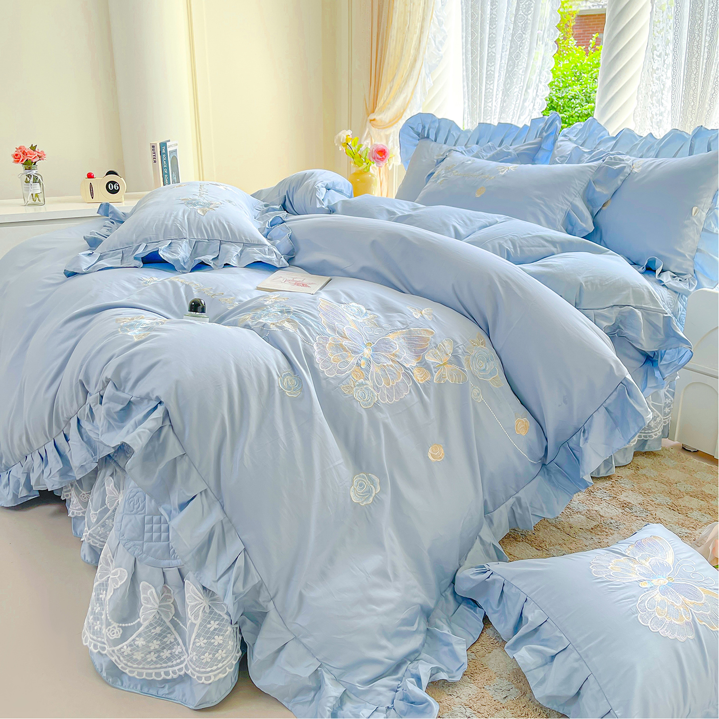 纯棉100支长绒棉全棉夹棉床盖款四件套高端绣花被套床单床上用品