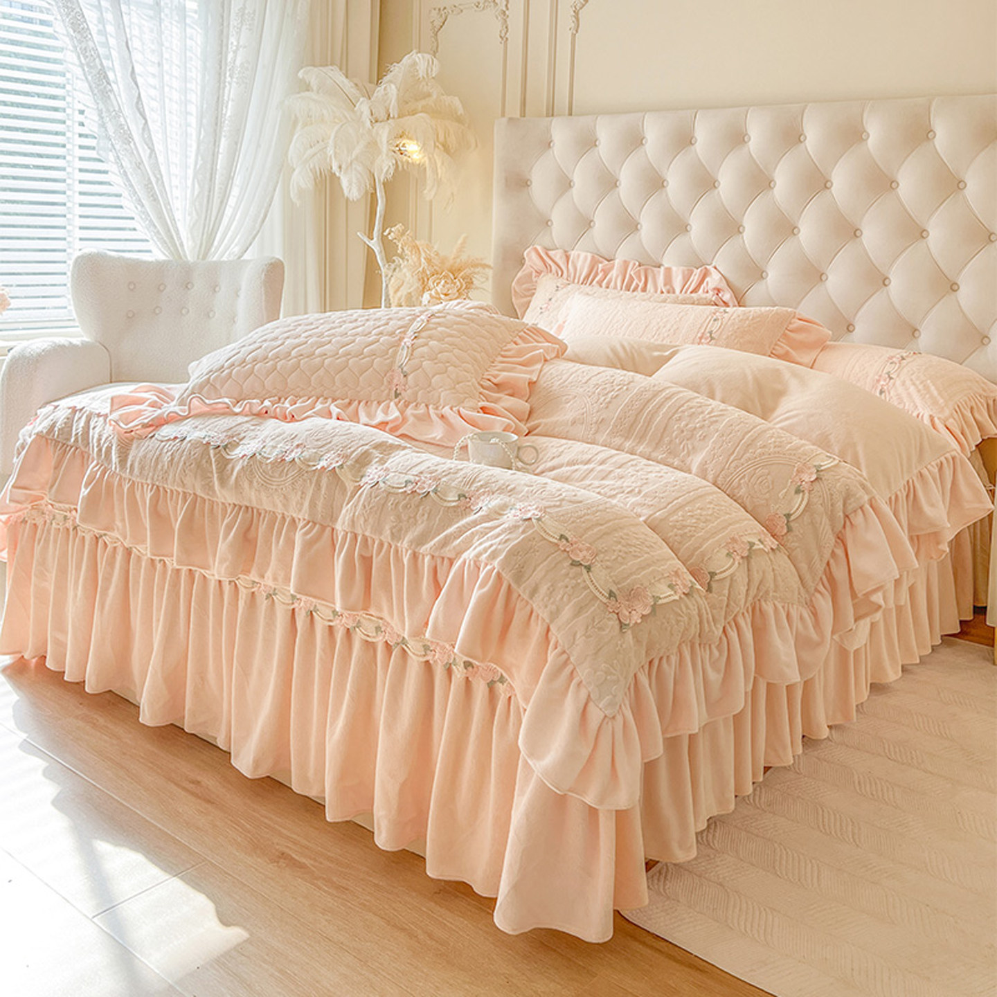 高档A类雕花牛奶绒床盖四件套夹棉加厚被套花边加绒床单保暖秋冬