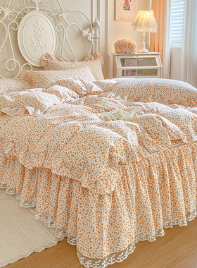 田园小碎花针织棉被套单件加枕套公主风花边200x230cm220x240被罩