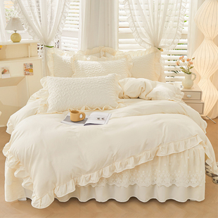 纯色全棉被套加枕套单件荷叶花边150x200x230双人220x240被罩四季