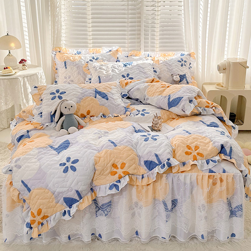 2023新款小清新蕾丝边床裙式床笠四件套A类夹棉加厚床上用品4件套