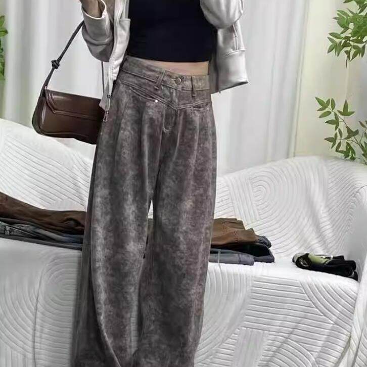 灰色宽松阔腿薄绒牛仔裤女秋冬2牛仔裤