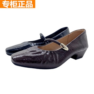 红蜻蜓真皮女鞋新款浅口一字扣带时尚粗跟亮面方头皮鞋QB72811311