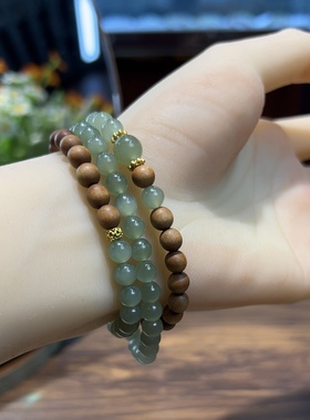 新疆直发正品和田玉湖水绿搭配老山檀手串天然玉石老料6mm手链