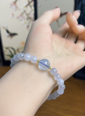 新疆直发和田玉浅烟紫手链天然玉石老料手串8mm单圈配海蓝宝珠子