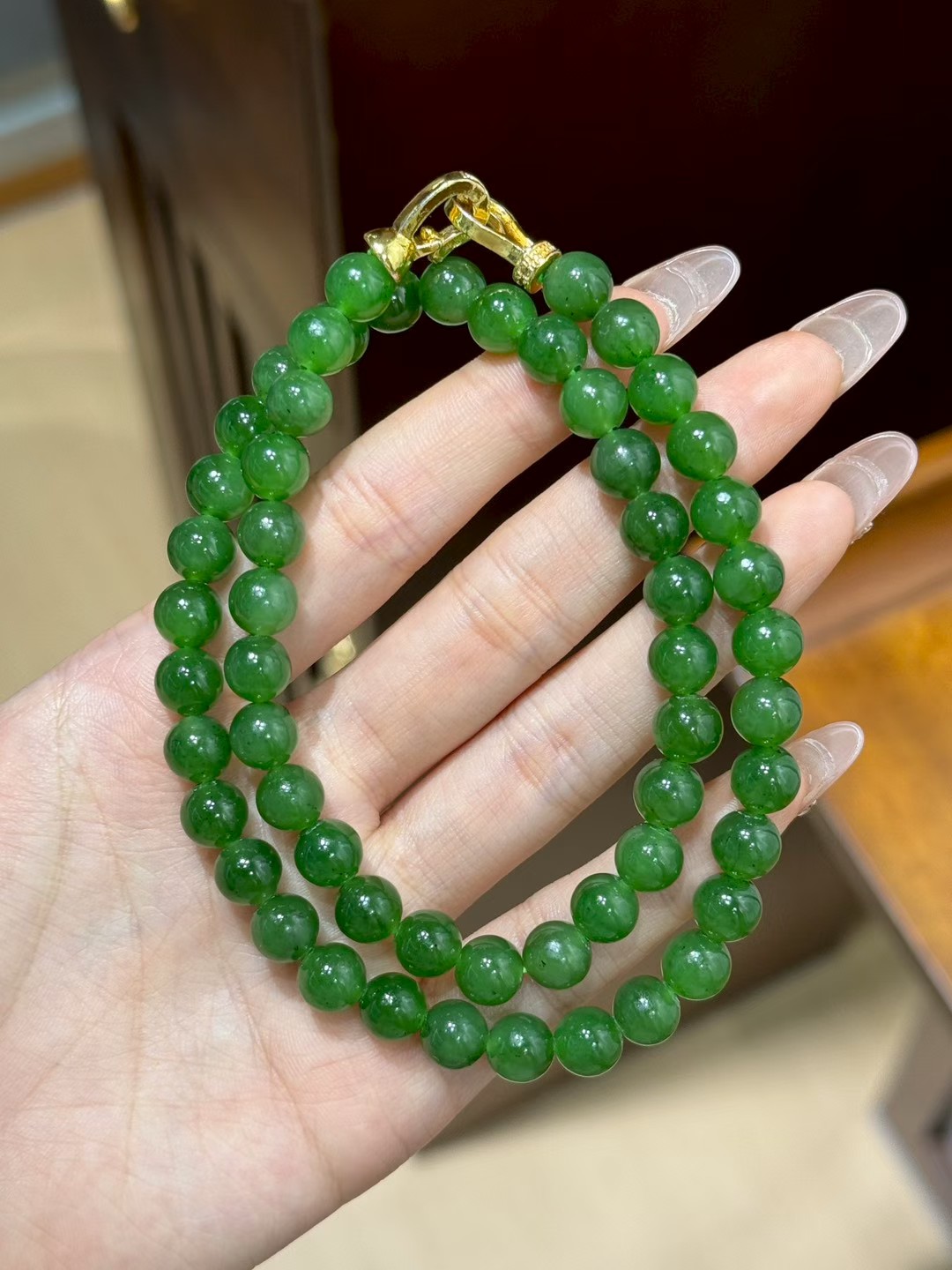 新疆直发正品和田玉碧玉圆珠项链妈妈链微黑点天然玉石带证书