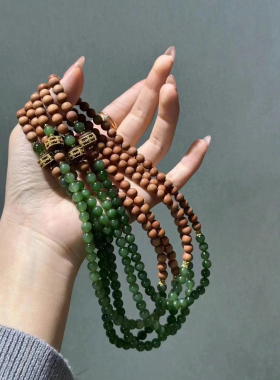 新疆直发包邮天然和田玉碧玉手链女款圆珠两圈手串搭配老山檀