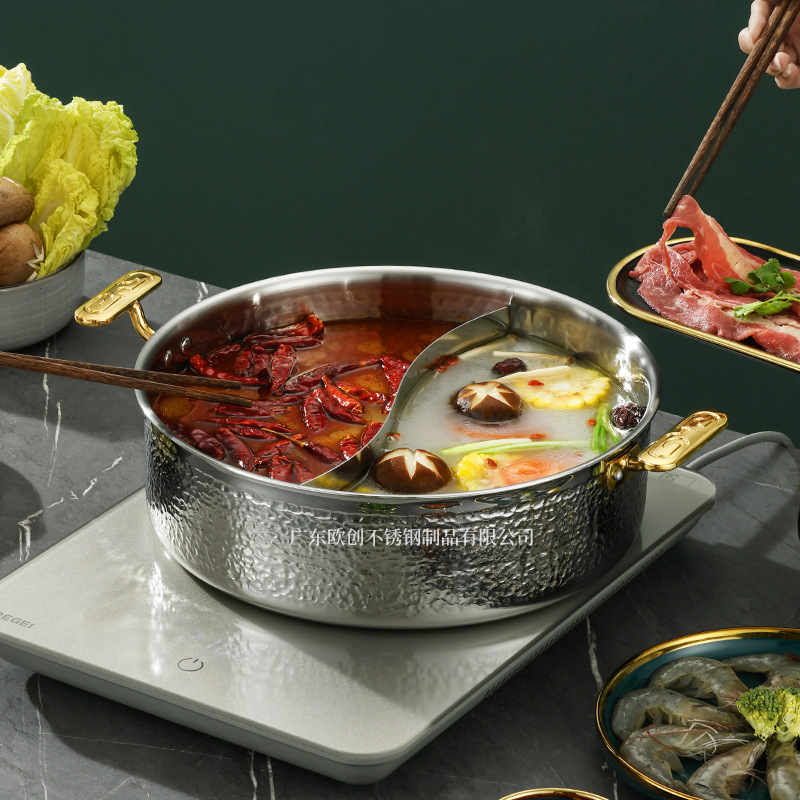 意铂仕304三层钢火锅不锈钢锤纹清汤锅大容量双耳鸳鸯锅直供