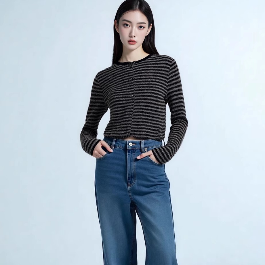 d.two条纹开衫外套马海毛针织衫