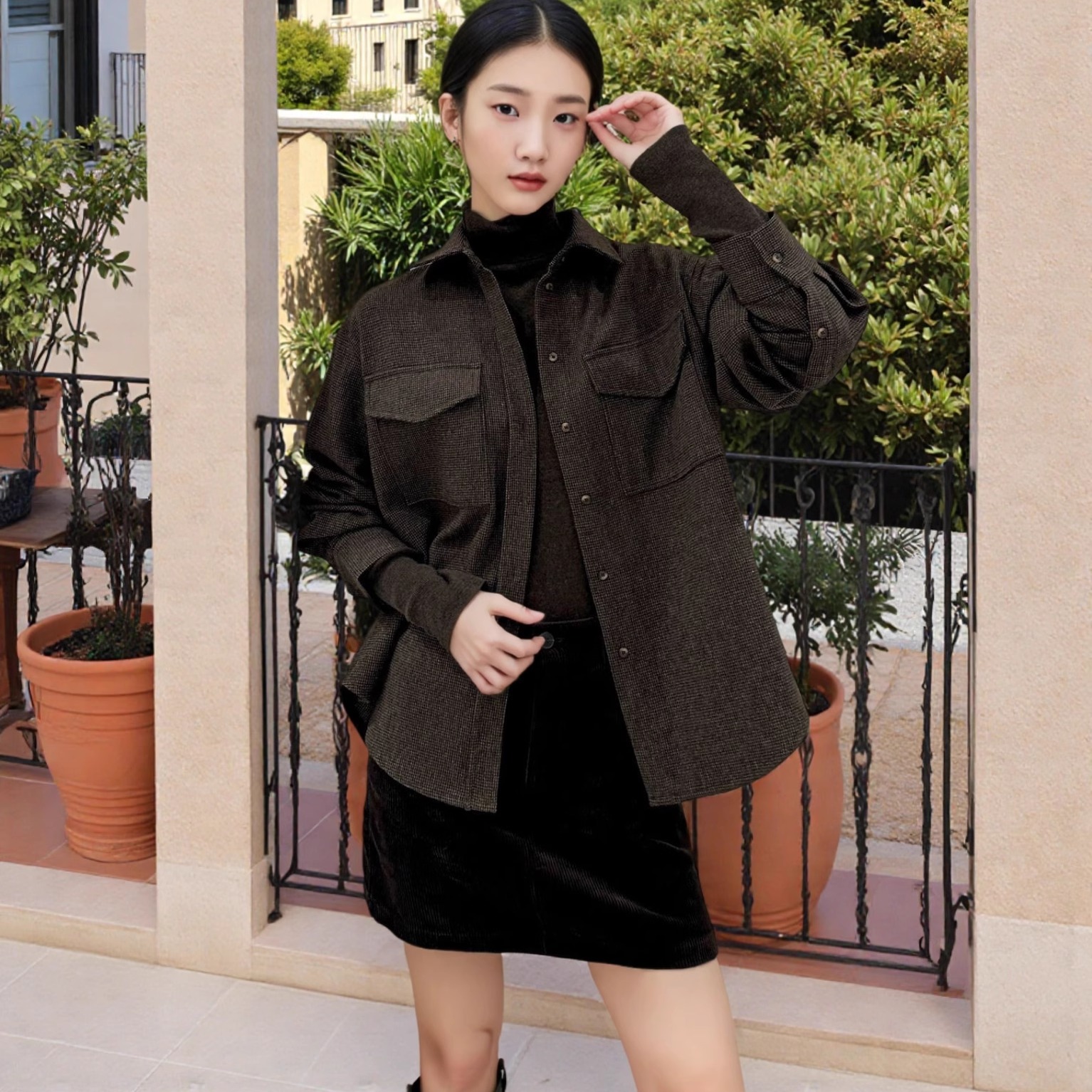 d.two宽松大码羊毛衬衫毛呢外套