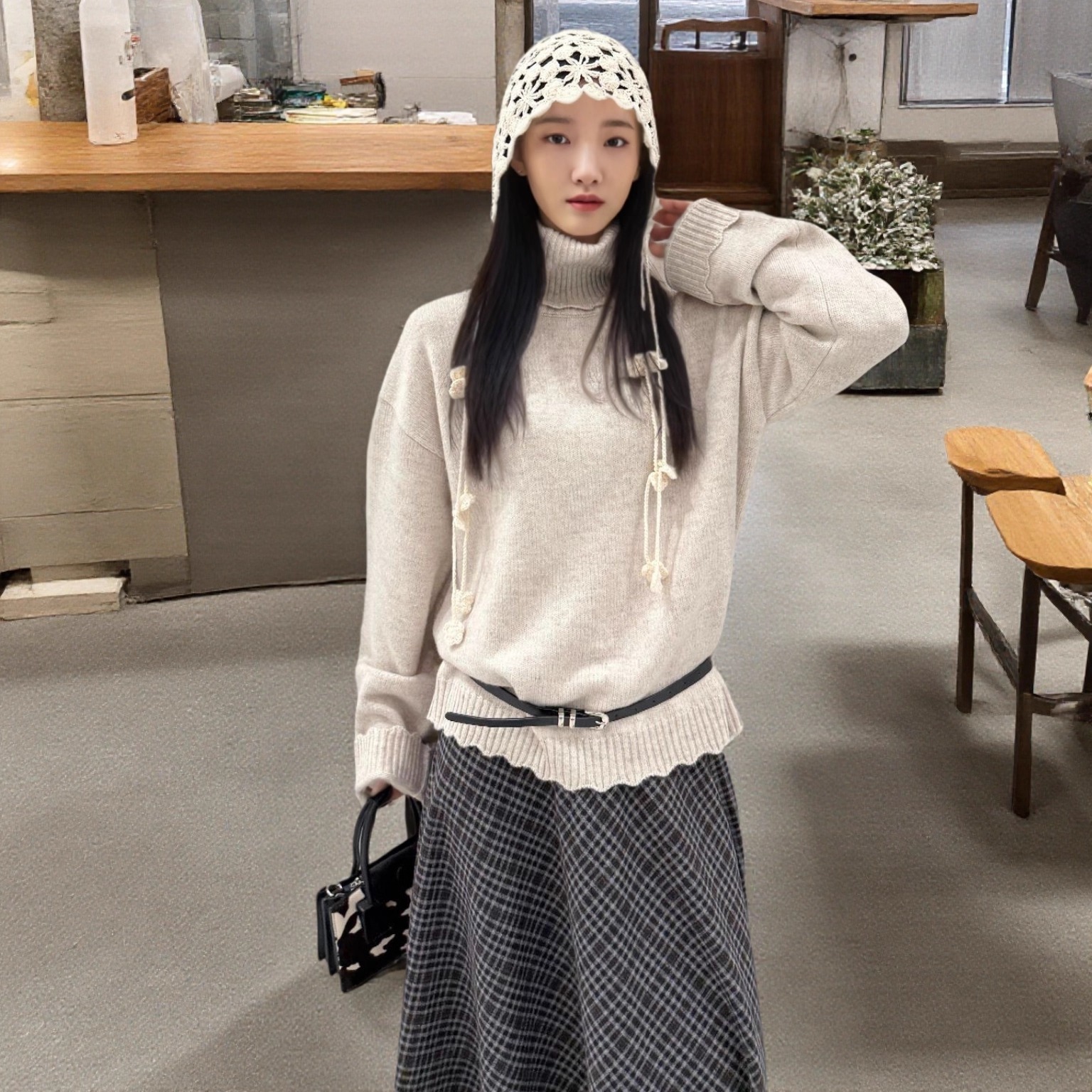 d.two高领羊毛宽松毛针织衫外套