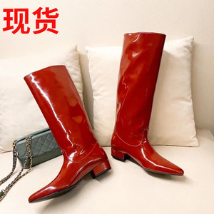 阿希哥同款漆皮骑士靴女2023新款欧洲站高筒靴长筒靴尖头不过膝靴