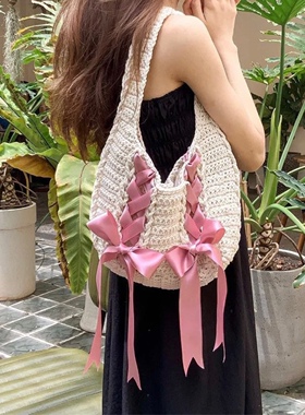 ins丝带蝴蝶结单肩包芭蕾风手工编织毛线diy材料包钩针送闺蜜礼物
