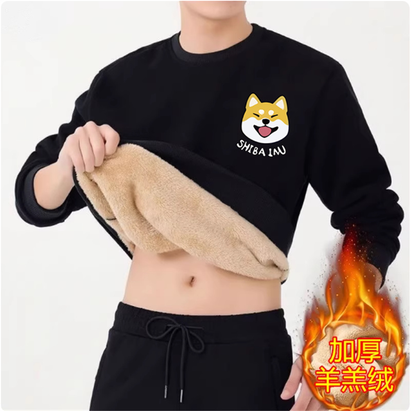 加绒纯色圆领卫衣男士宽松长袖T恤冬季加厚羊羔绒保暖上衣打底衫