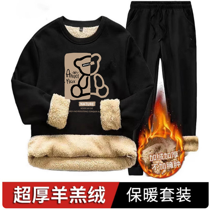男士冬季加绒加厚羊羔绒运动套装圆领卫衣卫裤大码爸爸中老年特厚