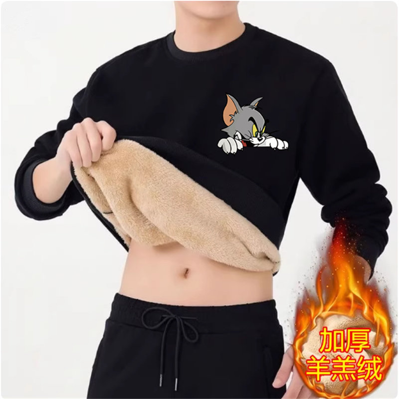 冬季圆领羊羔绒卫衣男士加绒加厚外套重磅保暖棉衣宽松套头打底衫