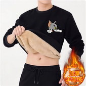 加绒加厚外套重磅保暖棉衣宽松套头打底衫 冬季 圆领羊羔绒卫衣男士