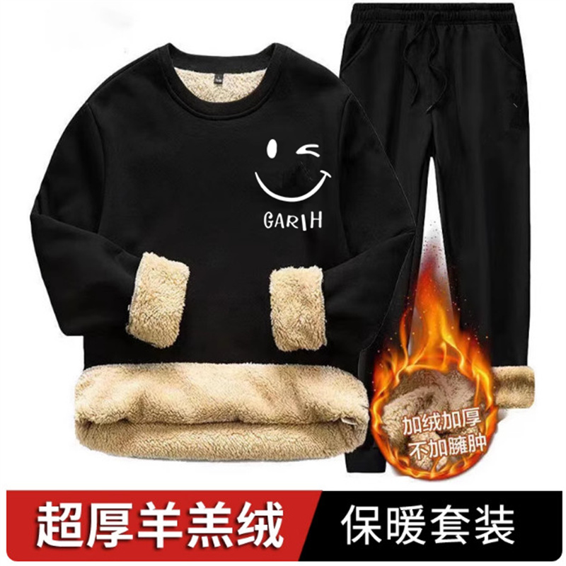 秋冬新款羊羔绒休闲套装卫衣男宽松大码潮流圆领加绒加厚保暖一套