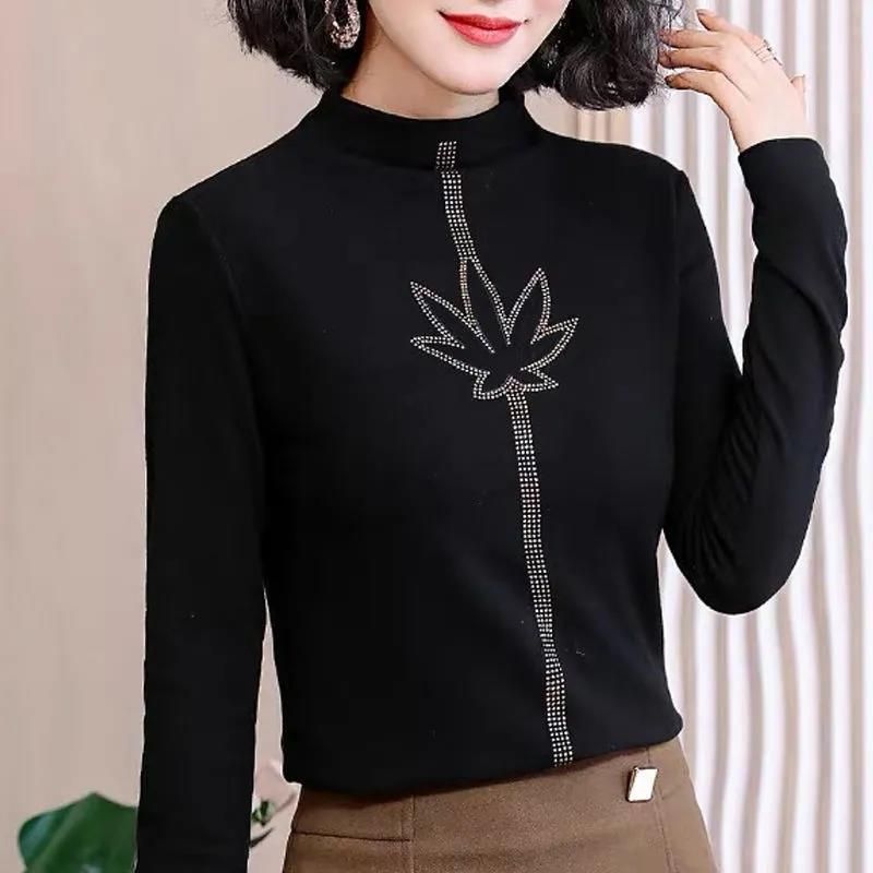 德绒半高领女秋冬带钻小衫大码加绒打底衫时尚烫钻弹力长袖上衣服