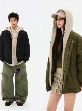 假两件连帽加厚棒球棉服情侣款