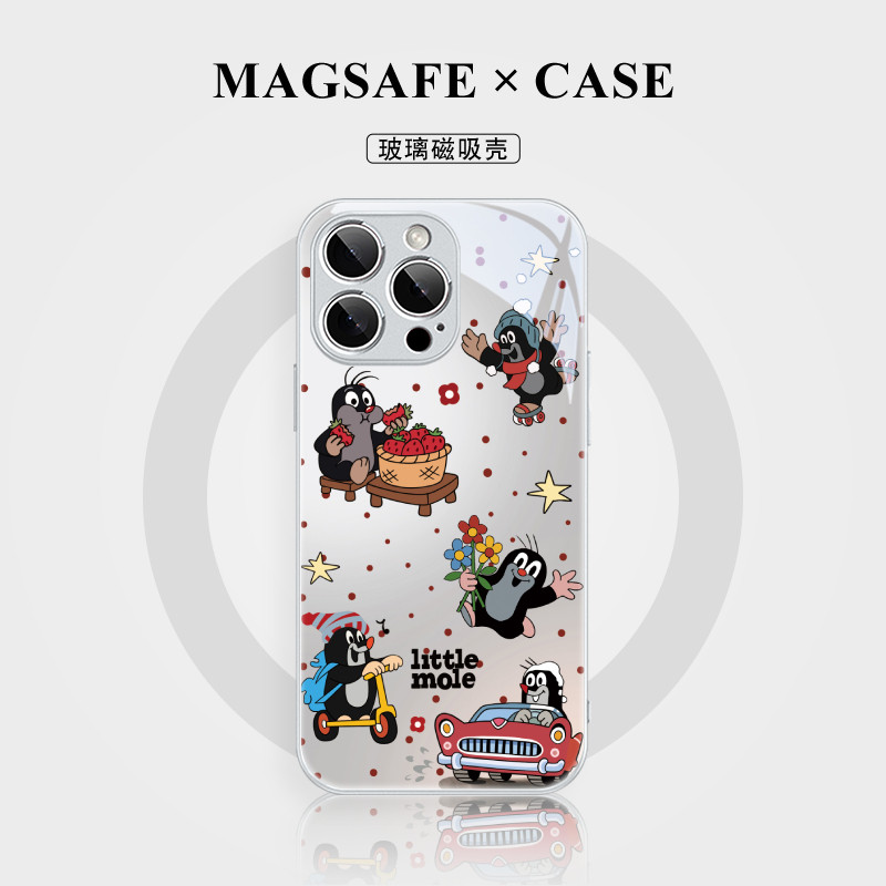 适用iphone16磁吸手机壳鼹鼠的故事苹果15新款magsafe玻璃13充电11/14promax小米plus华为pura70/12/mate60+