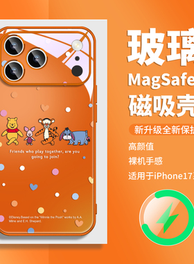 适用IPHONE16苹果17promax磁吸手机壳迪士尼维尼熊橘橙色15独特好看的13超火14玻璃magsafe充电air高级感plus