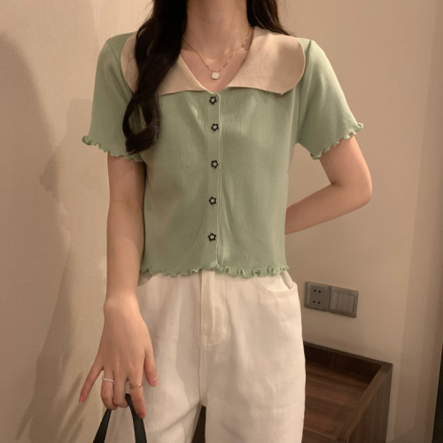 Real price retro doll collar wood ear short sleeve knitted cardigan design sense of minority loose short top