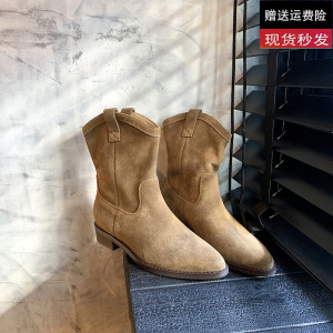 羊皮版~西部牛仔靴女2023秋冬新款尖头粗跟短靴女机车短筒马丁靴