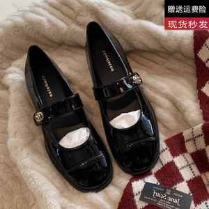 法式复古粗跟一字扣玛丽珍鞋2023冬季新款百搭圆头浅口平底单鞋女
