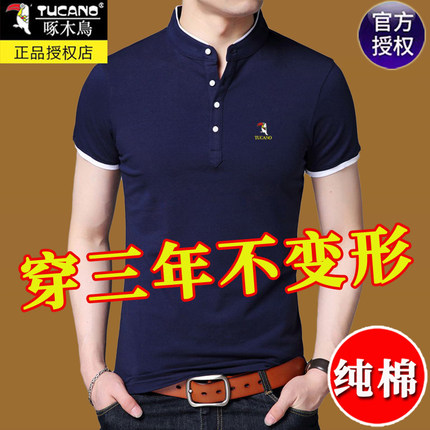 啄木鸟纯棉短袖t恤男立领夏季新款半袖体恤薄款中青年大码POLO衫
