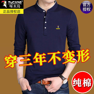 啄木鸟男士长袖t恤纯棉中青年男装立领体恤春季韩版打底衫上衣服