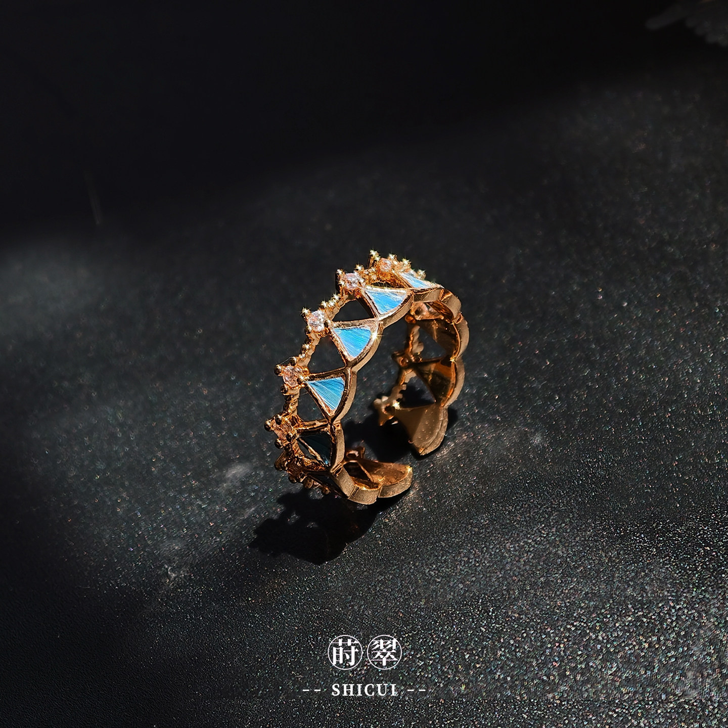 望仙-莳翠非遗鹦鹉羽毛仿点翠微镶锆石开口戒指女时尚个性指环